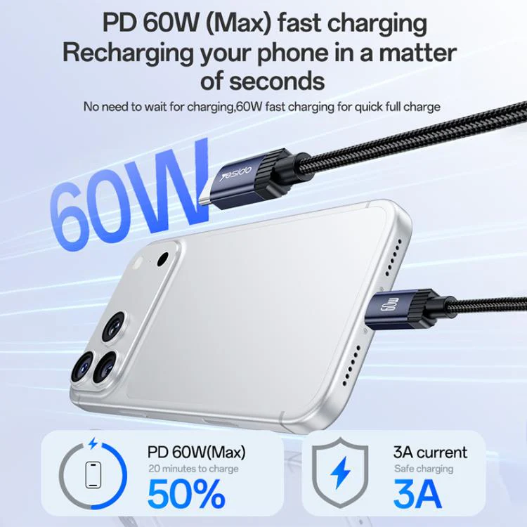Yesido CA204 PD60W USB-C / Type-C to USB-C / Type-C Braided Data Cable, Length:1m(Gun Grey) - Image 4