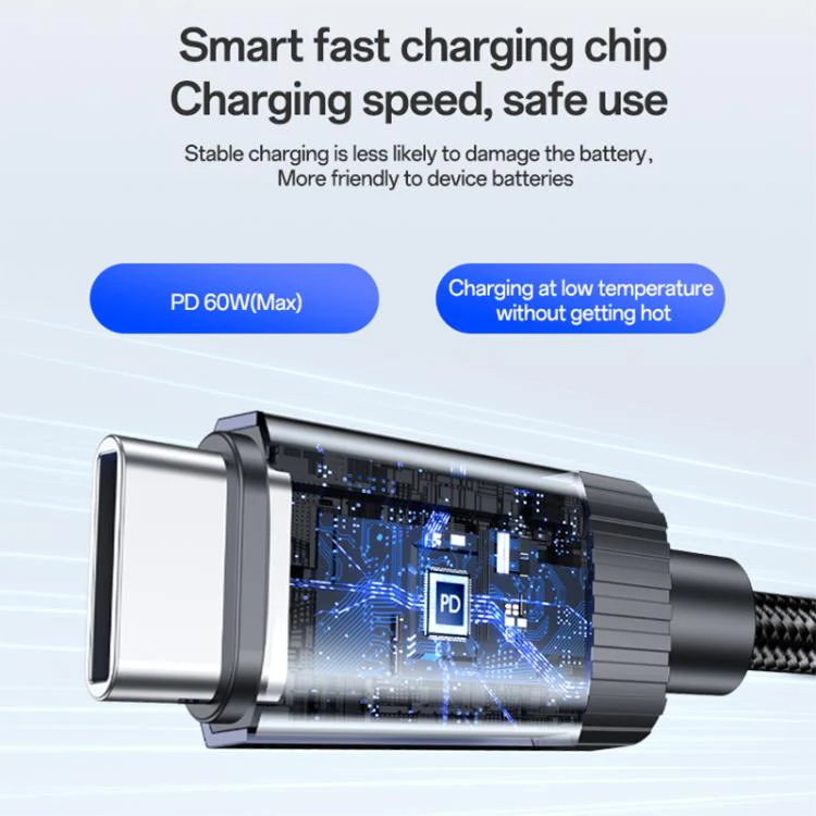 Yesido CA204 PD60W USB-C / Type-C to USB-C / Type-C Braided Data Cable, Length:1m(Gun Grey) - Image 7