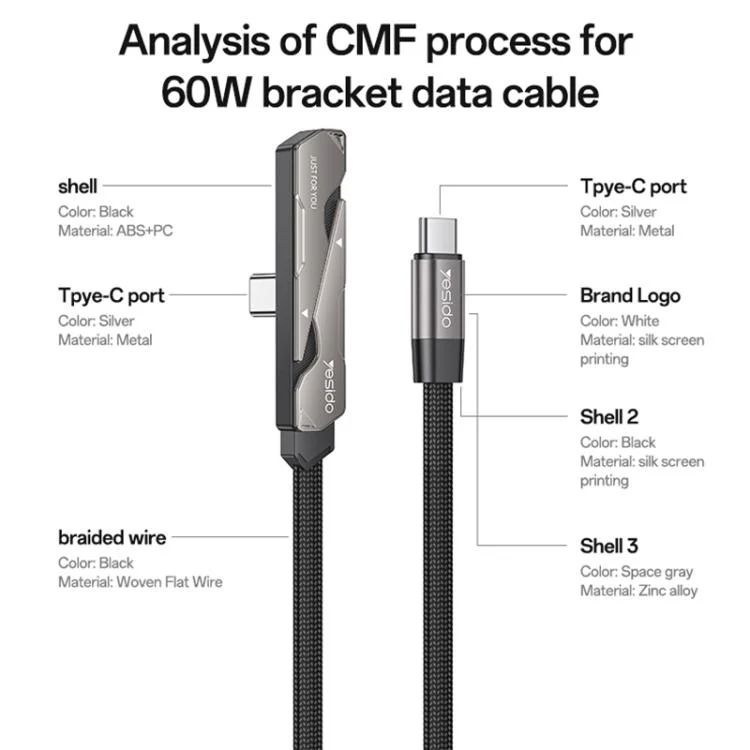 Yesido CA207 60W Type-C to Type-C Elbow Fast Charging Data Cable with Phone Holder, Length:1.2m(Gun Black) - Image 11