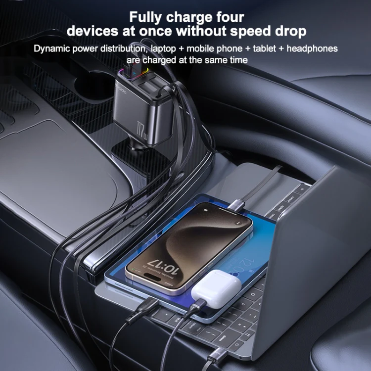 Yesido Y63 4 in 1 117W USB-C / Type-C+USB Multifunctional Retractable Dual Line Digital Display Car Fast Charger(Black) - Image 3