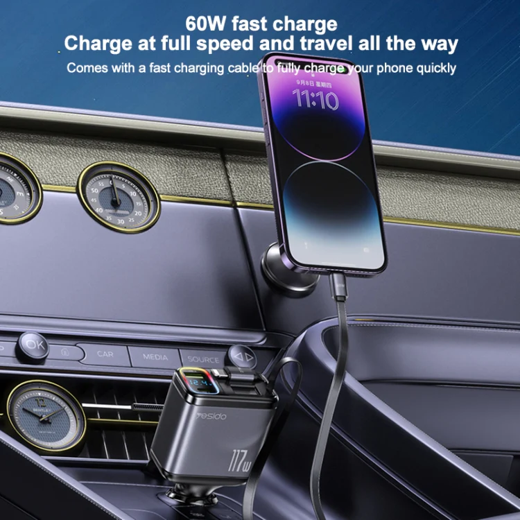 Yesido Y63 4 in 1 117W USB-C / Type-C+USB Multifunctional Retractable Dual Line Digital Display Car Fast Charger(Black) - Image 4