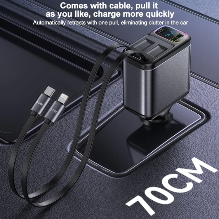 Yesido Y63 4 in 1 117W USB-C / Type-C+USB Multifunctional Retractable Dual Line Digital Display Car Fast Charger(Black) - Image 5