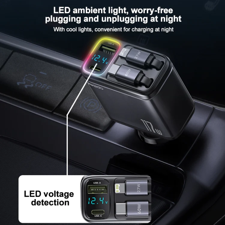 Yesido Y63 4 in 1 117W USB-C / Type-C+USB Multifunctional Retractable Dual Line Digital Display Car Fast Charger(Black) - Image 7
