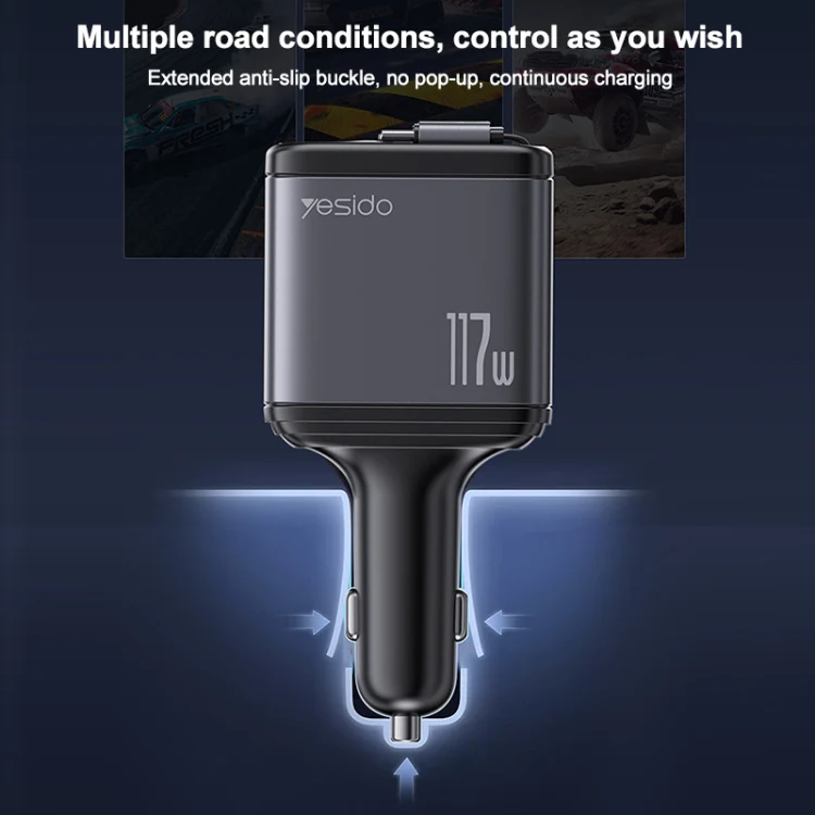 Yesido Y63 4 in 1 117W USB-C / Type-C+USB Multifunctional Retractable Dual Line Digital Display Car Fast Charger(Black) - Image 8