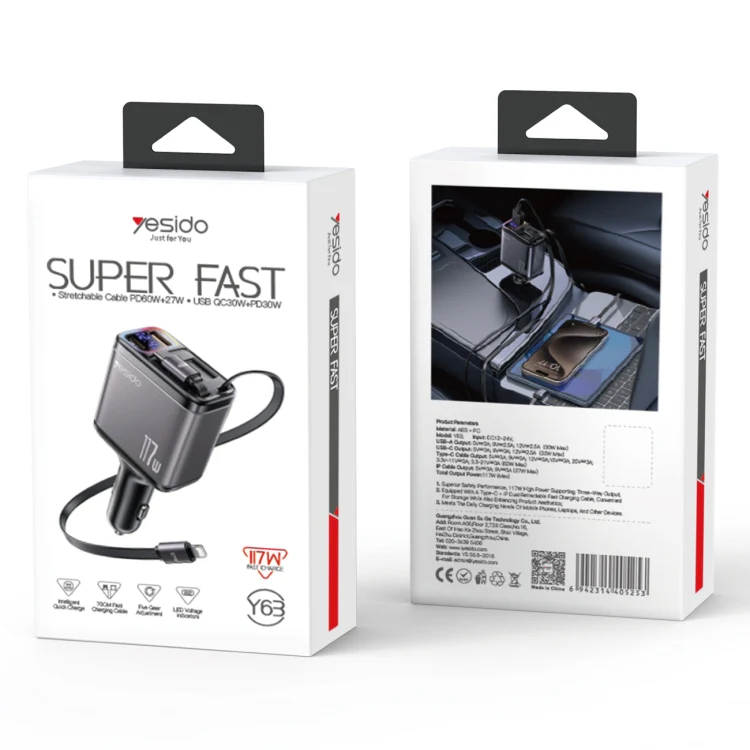 Yesido Y63 4 in 1 117W USB-C / Type-C+USB Multifunctional Retractable Dual Line Digital Display Car Fast Charger(Black) - Image 9