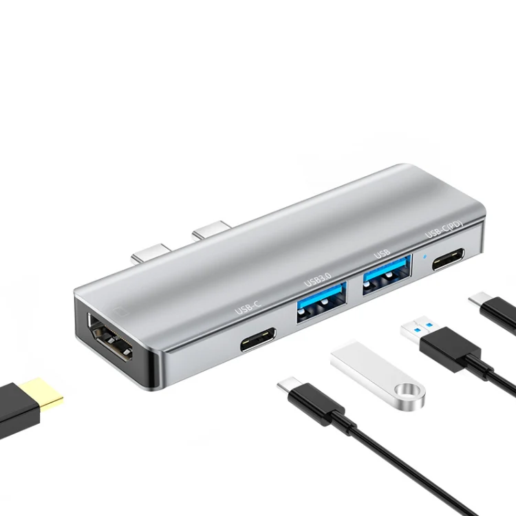 YG-2102 5 in 1 Dual USB-C / Type-C to USB Docking Station HUB Adapter (Silver) - Image 2