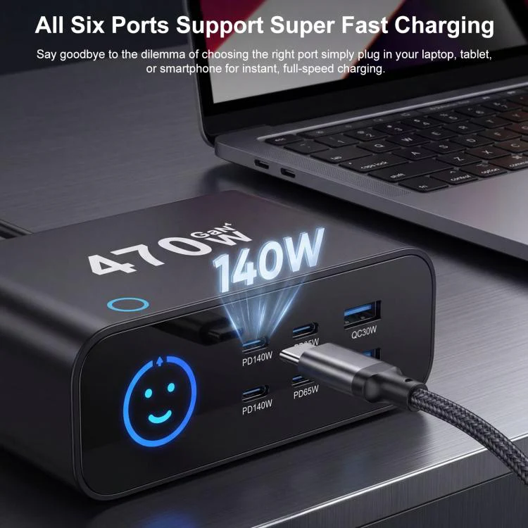YMX-615-LCD470W 4xType-C and 2xUSB 470W GaN Multi-Function Charger, Plug:AU Plug(White) - Image 6