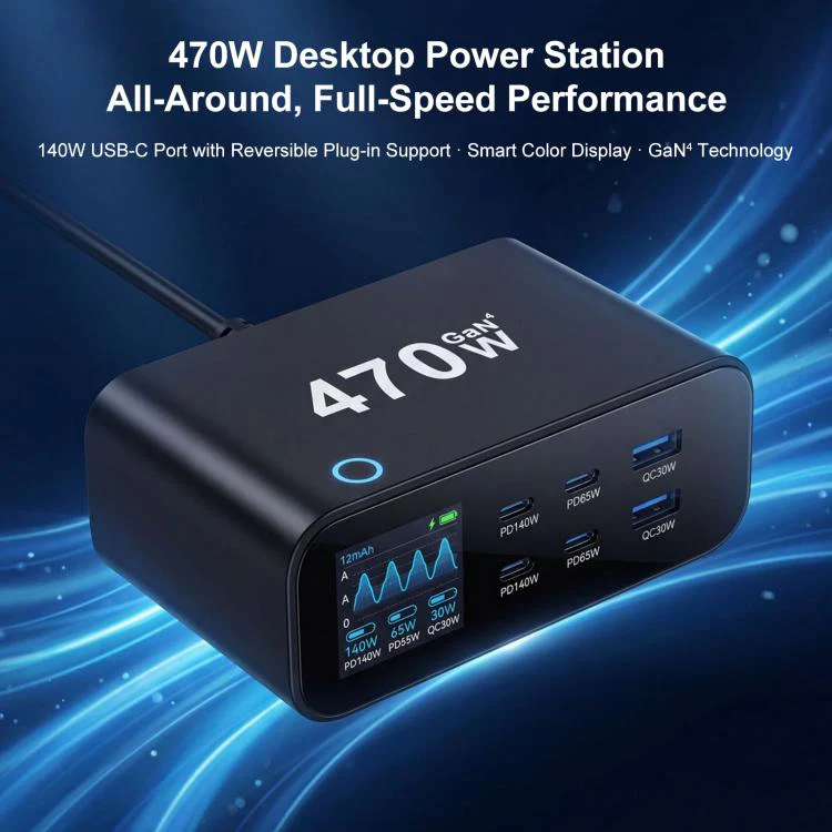 YMX-615-LCD470W 4xType-C and 2xUSB 470W GaN Multi-Function Charger, Plug:US Plug(Black) - Image 5