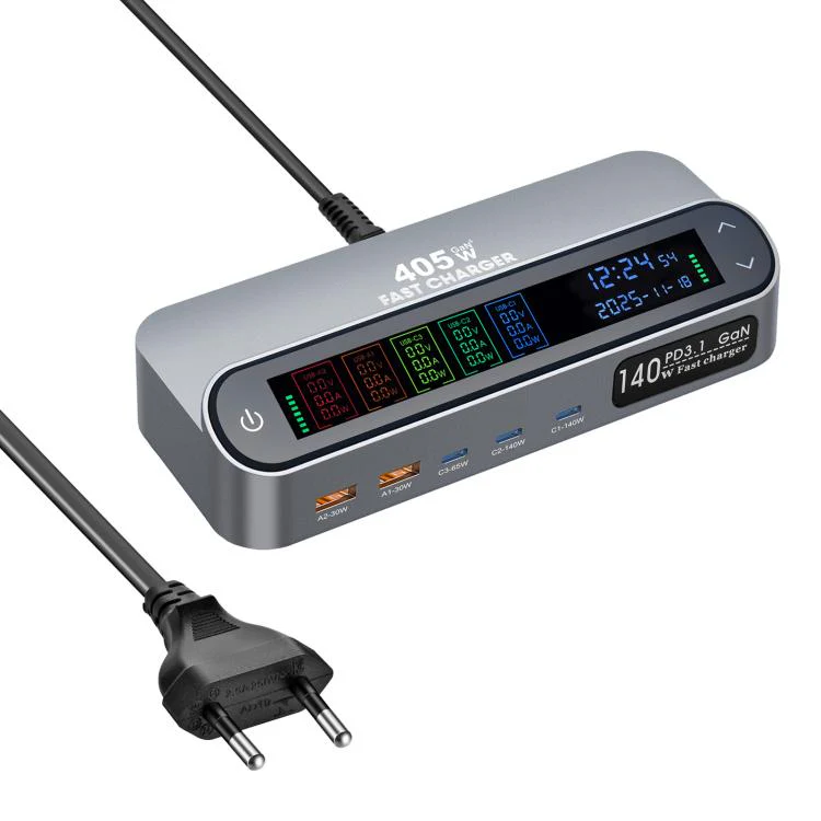 YMX-LCD405W 405W 3xType-C and 2xUSB GaN Smart Digital Display Multi-Function Charger(EU Plug)