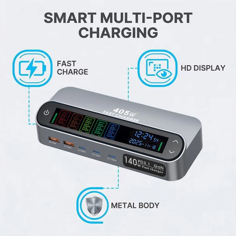 YMX-LCD405W 405W 3xType-C and 2xUSB GaN Smart Digital Display Multi-Function Charger(US Plug) - Image 6