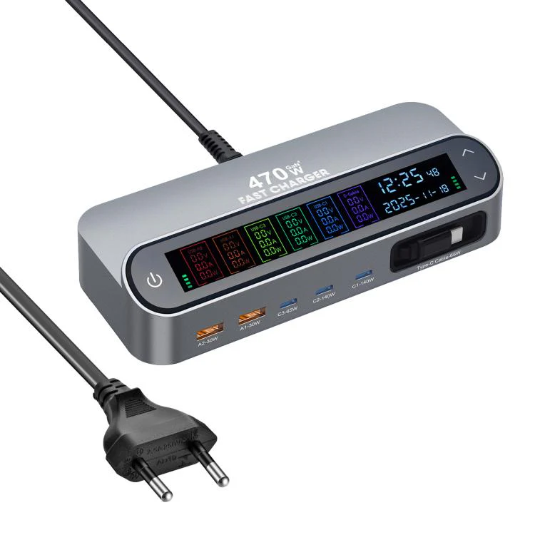 YMX-LCD470W 470W 3xType-C and 2xUSB GaN Smart Digital Display Multi-Function Charger with Type-C Retractable Cable(EU Plug)