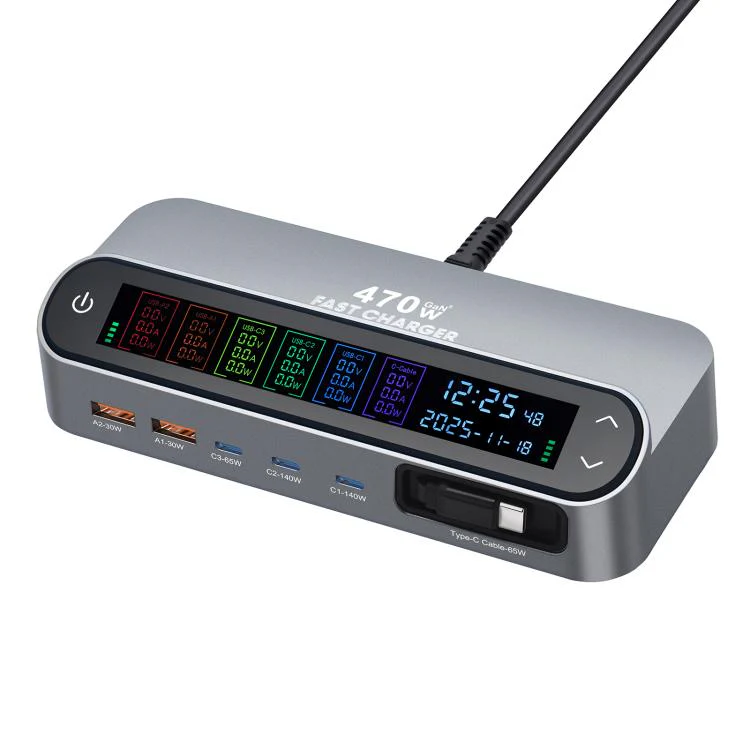 YMX-LCD470W 470W 3xType-C and 2xUSB GaN Smart Digital Display Multi-Function Charger with Type-C Retractable Cable(EU Plug) - Image 2