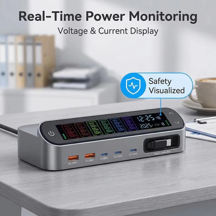 YMX-LCD470W 470W 3xType-C and 2xUSB GaN Smart Digital Display Multi-Function Charger with Type-C Retractable Cable(EU Plug) - Image 6