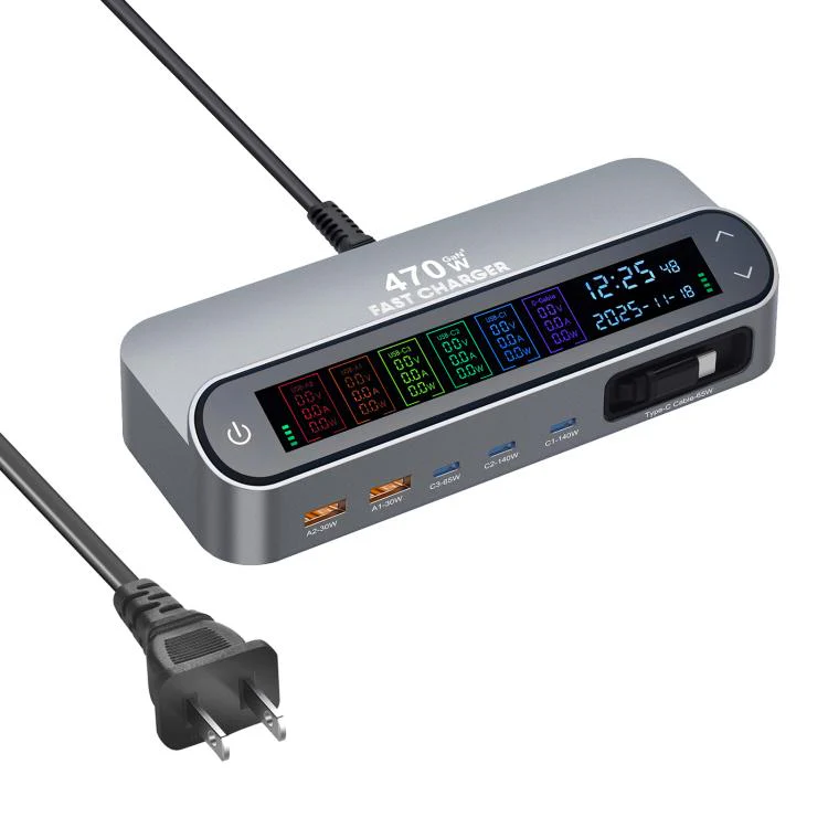 YMX-LCD470W 470W 3xType-C and 2xUSB GaN Smart Digital Display Multi-Function Charger with Type-C Retractable Cable(US Plug)