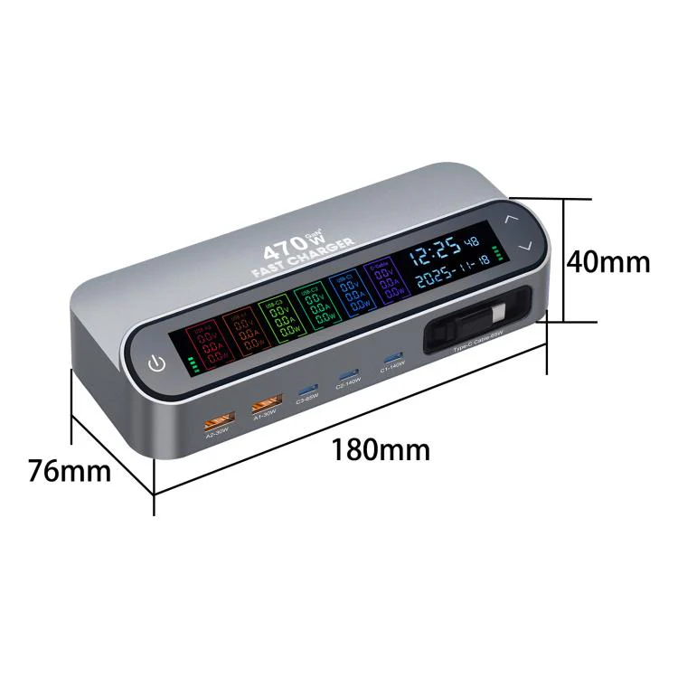 YMX-LCD470W 470W 3xType-C and 2xUSB GaN Smart Digital Display Multi-Function Charger with Type-C Retractable Cable(US Plug) - Image 4
