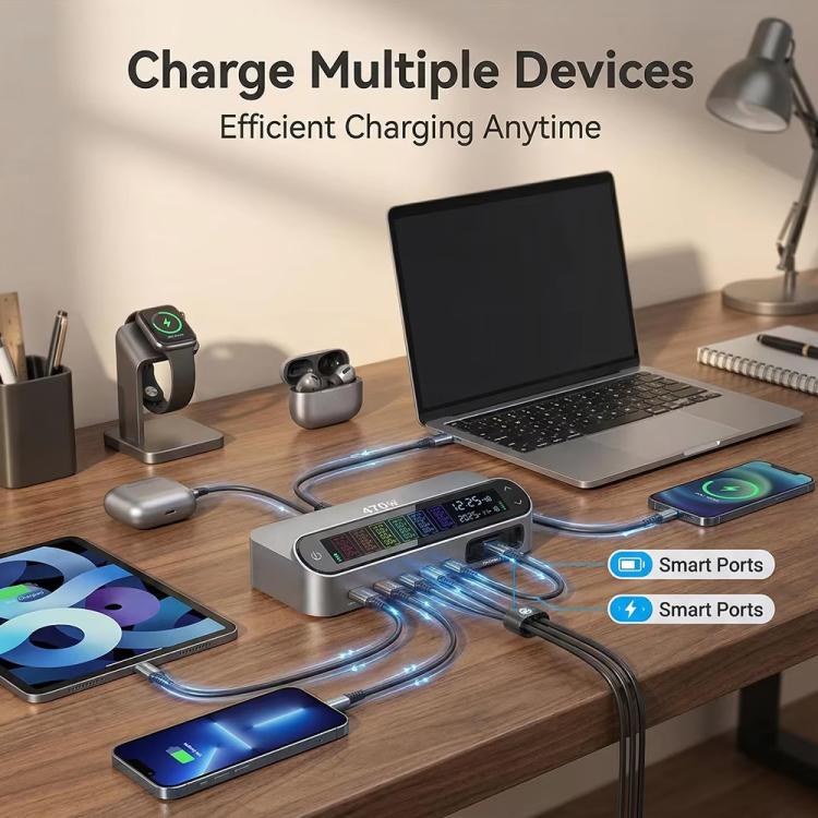 YMX-LCD470W 470W 3xType-C and 2xUSB GaN Smart Digital Display Multi-Function Charger with Type-C Retractable Cable(US Plug) - Image 5