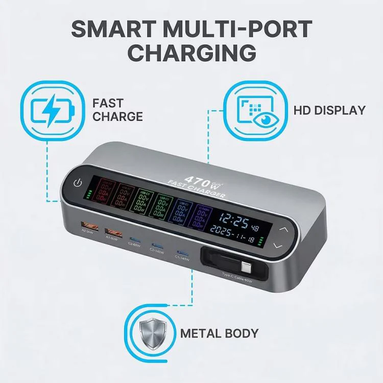 YMX-LCD470W 470W 3xType-C and 2xUSB GaN Smart Digital Display Multi-Function Charger with Type-C Retractable Cable(US Plug) - Image 7
