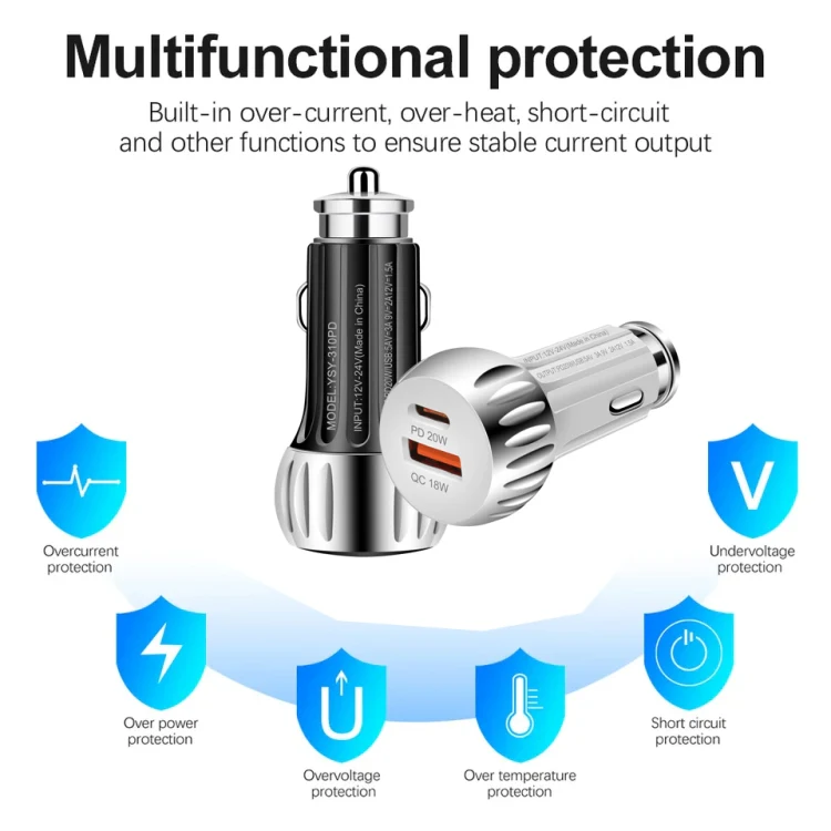 YSY-310PD 38W PD20W USB-C + QC3.0 18W USB Dual Port Fast Car Charger(White) - Image 4