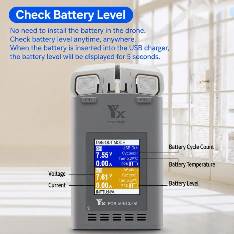 YX 100W Dual Charger with Color LCD Screen for DJI Mini 5/4/3 Pro Smart Flight Battery Charging Hub - Image 9