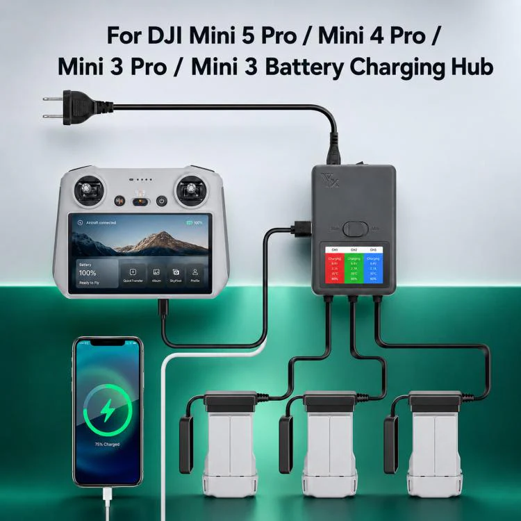 YX 3-Way Smart Charger with LCD Display For DJI Mini 5 Pro / Mini 4 Pro / Mini 3 Pro / Mini 3 Multi Battery Charging Hub US Plug