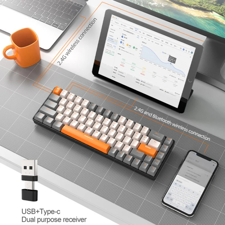 ZIYOU LANG K68 68 Keys Bluetooth Wireless Dual Model Mechanical Keyboard, Style: Red Shaft Version (Gray) - Image 8
