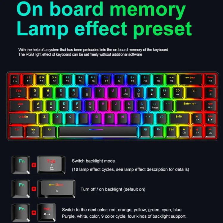ZIYOU LANG T8 68 Keys RGB Luminous Gaming Mechanical Keyboard, Cable Length:1.6m(Blue Green Shaft) - Image 7