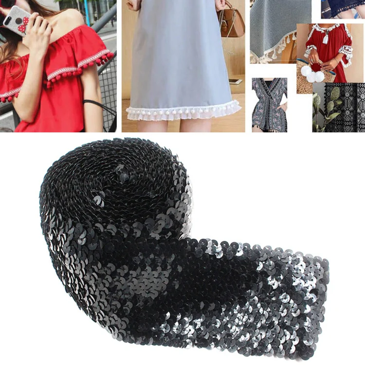 ZP000875 8 Rows Elastic Sequin Lace Webbing DIY Clothing Accessories, Length: 5m, Width: 7.5cm(Black)